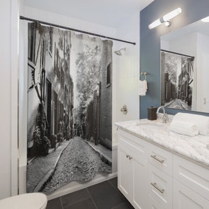 Beacon Hill Cobblestone Street Boston Massachusetts Black and White Photography Shower Curtain