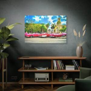 Classic Cars Taxi Stand Havana Cuba Stretched Matte Canvas Photograph Print Ready to Hang