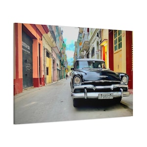 Black Plymouth Plaza Classic Car Havana Cuba Stretched Matte Canvas Photograph Print Ready to Hang