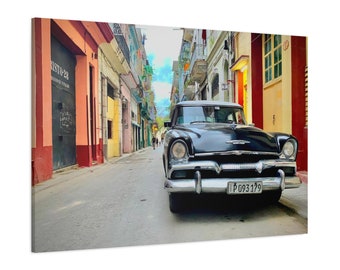 Black Plymouth Plaza Classic Car Havana Cuba Stretched Matte Canvas Photograph Print Ready to Hang