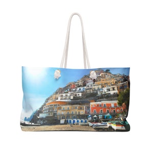 Positano Italy Beach Hillside Amalfi Coast Photograph Print Travel-Vacation-Beach-Weekender Bag