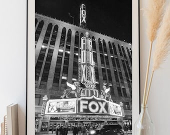 Fox Theatre at Night Detroit Michigan Black and White Photograph Print
