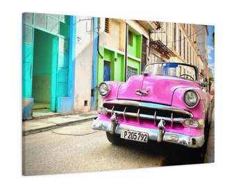 Pink Chevy Bel Air Classic Car Havana Cuba Stretched Matte Canvas Photograph Print Ready to Hang