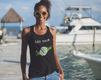 Soulful Tank Top Racerback, Women's Tank Top, Soul Glow Green Graphic, Spiritual Graphic Tank, Black Tank Top