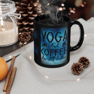 Yoga Coffee Mug Black Ceramic with Yoga and Coffee Graphic