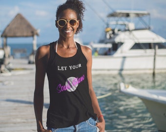 Soulful Tank Top Racerback, Damski Tank Top, Soul Glow Fuchsia Graphic, Spiritual Graphic Tank, Czarny Tank Top
