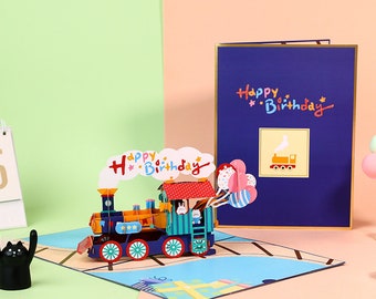 Tarjeta de felicitación de cumpleaños con tren emergente en 3D para niños, hijo, hija, sobrino, sobrina, nieta y nieto.