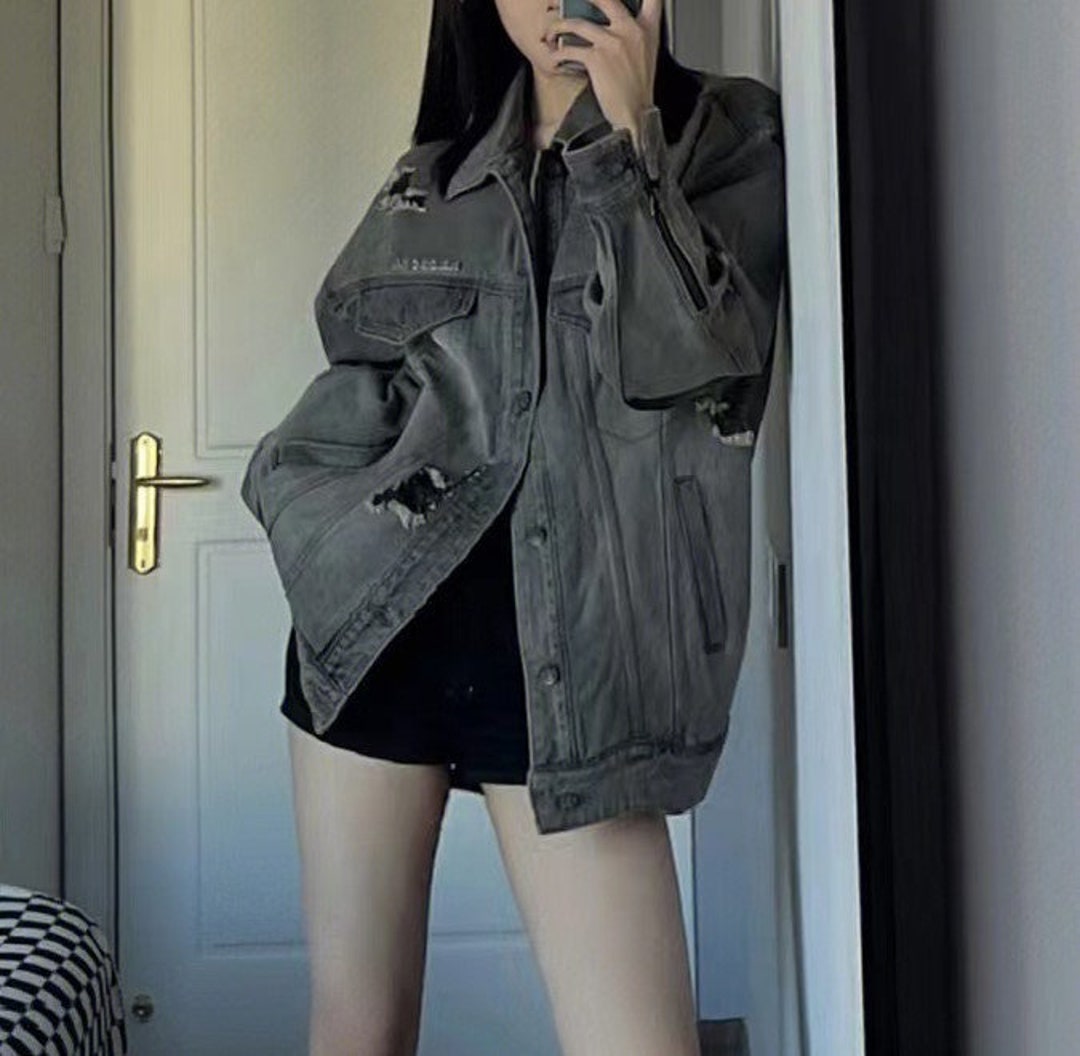 Vintage dark gray oversize leisure denim jacket  Fall Jacket Daily Wear Autumn Clothes Gift For Women Outfit Of The Day