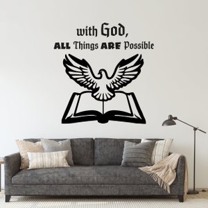 Bibelvers Wandsticker mit Bibel Zitat und Taube sitzend auf Bibel - Christliche Wandsticker mit motivierenden Worten - Religiöser Wandaufkleber
