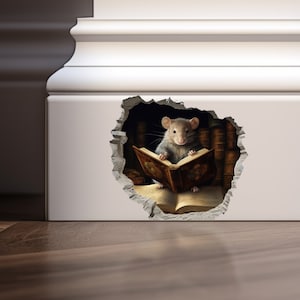 Mouse Hole Wall Sticker Mouse Reading Book Wall Decal Mouse in The Wall Decal Mouse Reading Book in Wall Sticker