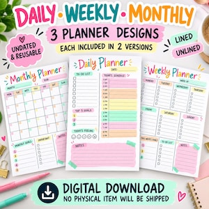 Pode incluir: Três folhas de planejador digital com layouts diários, semanais e mensais com cabeçalhos coloridos. O texto inclui Daily Planner, Weekly Planner, Monthly Planner, 3 Planner Designs, Undated & Reusable, Lined, Unlined e Digital Download No Physical Item Will Be Shipped.