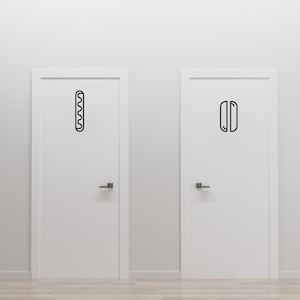 May include: Two white doors with black symbols on them. The door on the left has a symbol of a long rectangle with wavy lines. The door on the right has a symbol of two rectangles side by side.