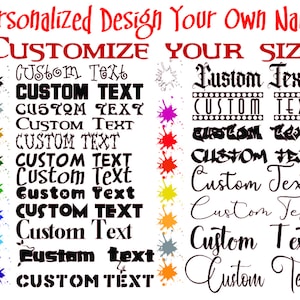 Op de afbeelding: Een digitale afbeelding die verschillende lettertypen laat zien voor het woord "Aangepaste tekst". De afbeelding is een ontwerptemplate voor het aanpassen van tekst voor een gepersonaliseerd ontwerp project. De afbeelding bevat een verscheidenheid aan kleuren en stijlen.