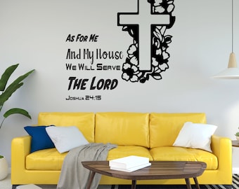 Serve the Lord Vinyl Wall Decal Bible Verse with Cross - Religious Wall Decal for Living Room Hallway Bedroom - Believe in God Wall Decal