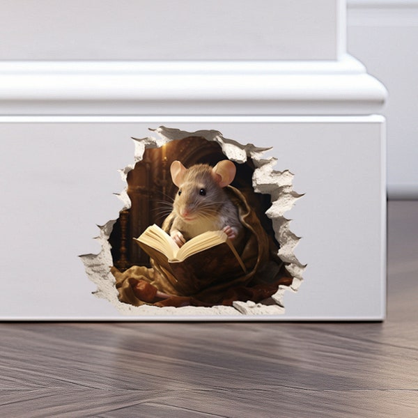 Muis in de muur 3D Sticker Leesmuis Decal 3D Muisgat Muurstickers Plint Muis Decal Muis Leesboek Muurdecoratie