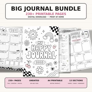 Könnte beinhalten: Ein digitales Journal-Paket mit über 230 druckbaren Seiten. Das Cover zeigt den Text MY HAPPY JOURNAL 2028, umgeben von schwarz-weißen Strichzeichnungen wie Sonne, Regenbogen, Blumen, Herzen und Kirschen. Weitere Seiten zeigen eine Jahresübersicht, einen Stimmungstracker und Doodle-Vorlagen.
