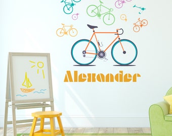 Colorful Bikes Design To Personalized Boy Name Decal For Nursery Wall, Laptop - Multiple Font Color Of Custom Sticker In Bikes