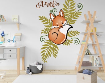 Custom Girls Name And Little Orange Fox In Fern Leaf On Walls Stickers For Nursery - Colored Fox On Personalized Girls Name Stickers