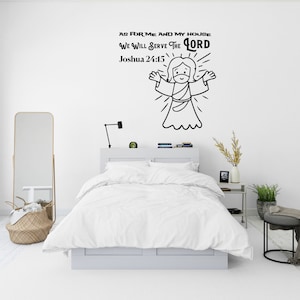 Christian Wall Decal with Nice Inscription and Cute Angel - Believe and Serve Lord Religious Wall Decal - Trust in God Wall Decal