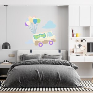 Custom Baby Boy Name On Cute Van Flies With Balloons Into The Sky In Clouds For Name Wall Nursery Decals - Personalized Name Truck Decal