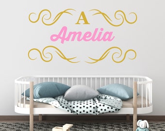 Custom Name Signs For Wall Decor with Ornament - Individual Wall Name Stickers For Kids with Initial - Ornament Wall Name Decals For Girl