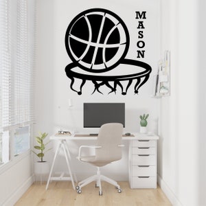 Custom Basketball Wall Decal with Ball almost in Basket Motivating Basketball Stickers with Basketball Symbols Personalized Wall Decor