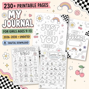 May include: A digital download set of printable journal pages featuring 230+ sheets. The collection includes pages titled My Journal, Just Be You 2027, Sleepover Bingo, and Summer Fun Challenge, decorated with black and white line art of flowers, rainbows, and cherries.