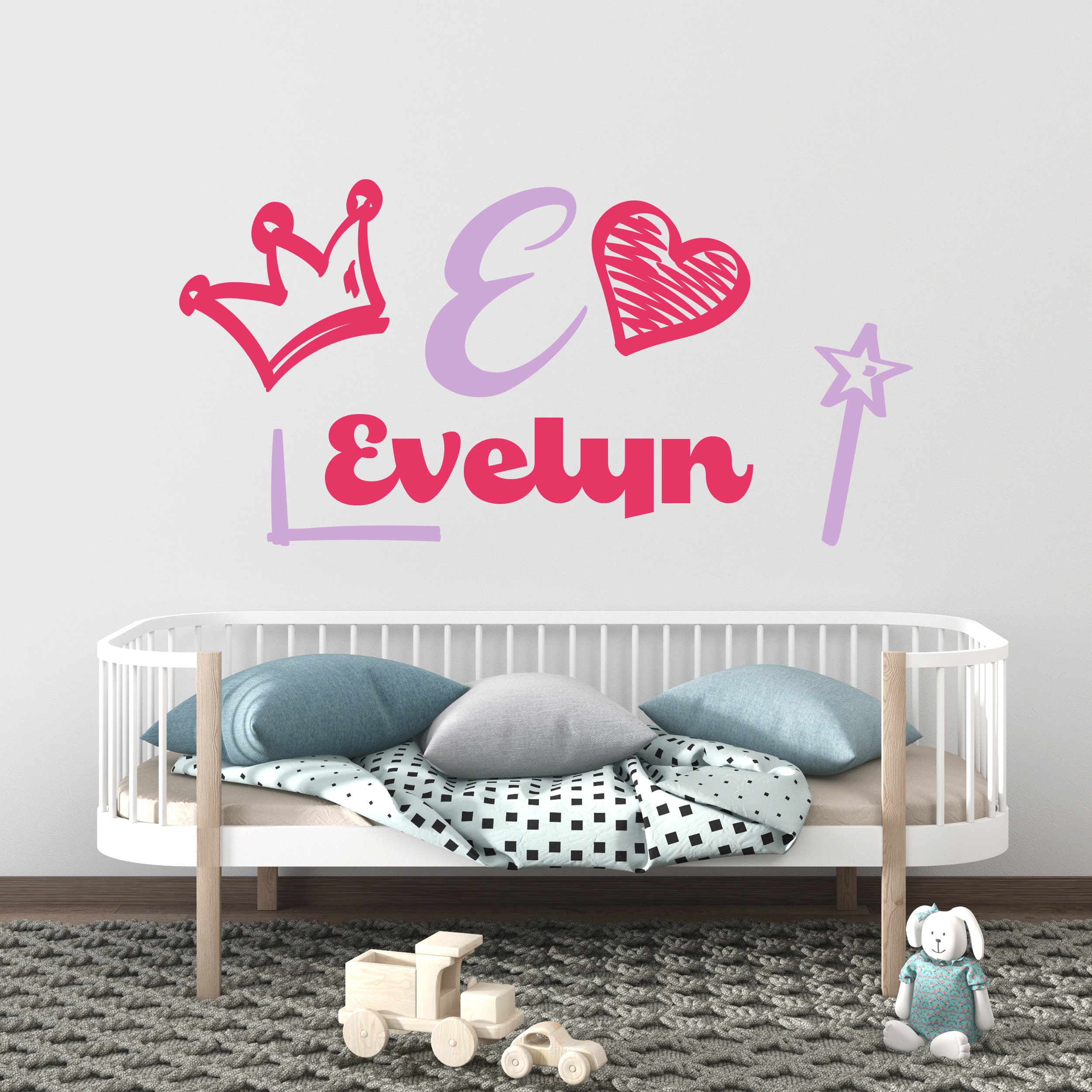 Custom Wall Lettering Name Sticker with Heart, Crown Drawing - Princess Wall Decals Name and Initial Sign-Heart, Star and Crow Painting Kids