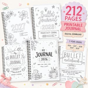 May include: A collection of five spiral-bound bullet journals with white covers featuring black line art illustrations, floral motifs, and text including 2026, 2027, 2028, 2029, and 2030. The image includes pink and purple labels stating 212 pages and digital download.