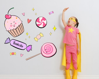 Cartoon Smiling Cupcake, Lollipop And Candys On Baby Girl Custom Name Wall Stickers Or Laptop Decoration - Personalize Girl Name Stickers