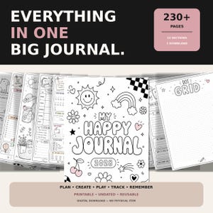 Puede incluir: Un diario digital titulado My Happy Journal 2028 con ilustraciones de líneas en blanco y negro de un sol, arcoíris, flores y cerezas. El conjunto incluye más de 230 páginas con 13 secciones, diseños de puntos y varias plantillas de planificación.