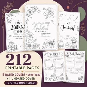 Puede incluir: Una colección de páginas de diario imprimibles con diseños florales y de arte lineal. El conjunto incluye portadas para 2026, 2027 y opciones sin fecha, junto con plantillas para seguimiento de objetivos y reseñas de libros. El texto incluye My Journal, 2027, My Goals y Book Review.