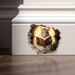 3D Mouse Hole Wall Stickers Mouse Reading Book Wall Decal Mouse Stickers for Walls Mouse Reading Book in Wall Sticker