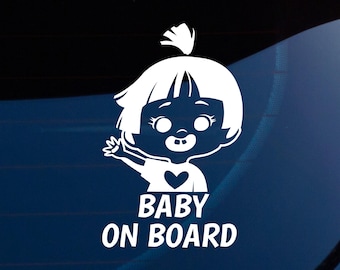 May include: White vinyl sticker with a cartoon illustration of a girl with a ponytail waving. The sticker says "Baby on Board" in white text.