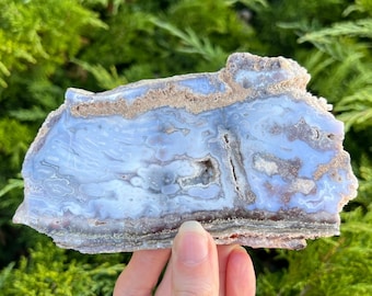 Puede incluir: Una piedra pulida de forma irregular con una combinación de colores azul claro y beige. La piedra tiene una apariencia en capas con patrones intrincados y una textura natural y orgánica. La piedra se sostiene en una mano sobre un fondo de follaje verde.