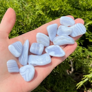 May include: A collection of blue lace agate tumbled stones. The stones are smooth and polished, with a variety of blue and white patterns.