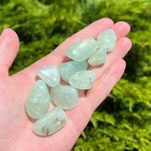May include: A collection of eight smooth, light green tumbled stones. The stones have a translucent quality and are arranged in a hand.