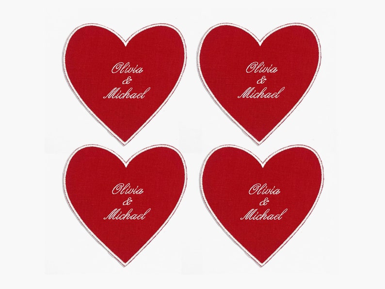 Personalized Heart Linen Cocktail Napkins: Engagement Gift, Set of 4