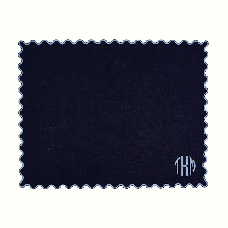 Personalized Navy Linen Placemats, Monogrammed Placemats, Set of 4 Placemats, Scalloped Placemats