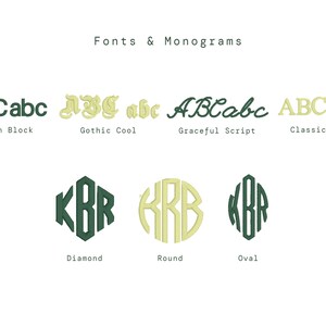 May include: Image showcasing various font styles and monogram designs. The text "Fonts & Monograms" is at the top. Font styles include Modern Block, Gothic Cool, Graceful Script, and Classic Serif. Monogram styles include Diamond, Round, and Oval.