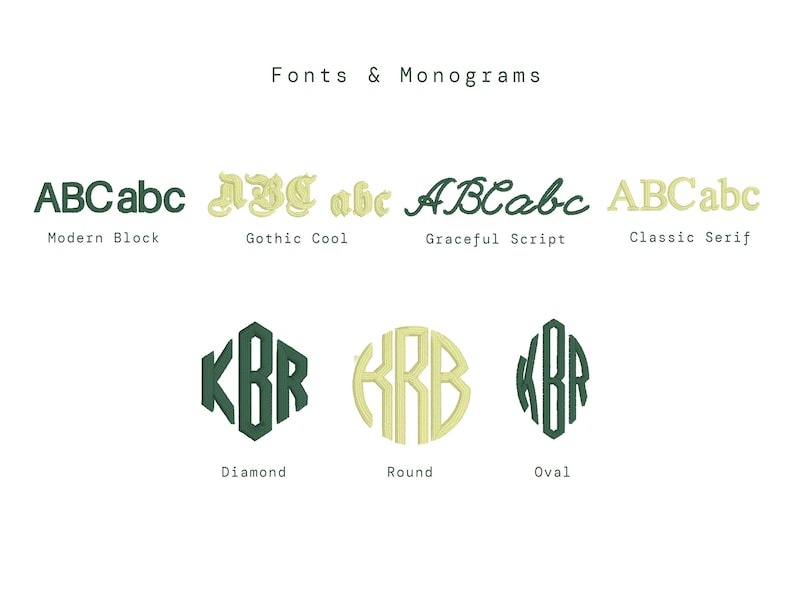 May include: Image showcasing various font styles and monogram designs. The text "Fonts & Monograms" is at the top. Font styles include Modern Block, Gothic Cool, Graceful Script, and Classic Serif. Monogram styles include Diamond, Round, and Oval.