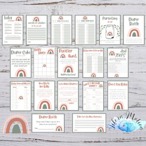 Boho Rainbow Gender Neutral Baby Shower Game Bundle, digital download, baby shower games and signs