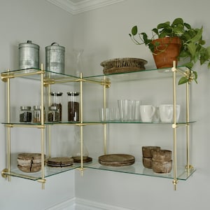 Brass Corner Wall Shelf | Solid Brass & Glass Kitchen or Bar Corner Storage | Custom Sizes Available by Cortavelle