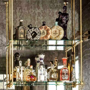 Solid Brass Bar Shelf | Brushed Brass & Glass Wall Shelving for Home Bar | Custom Sizes Available by Cortavelle