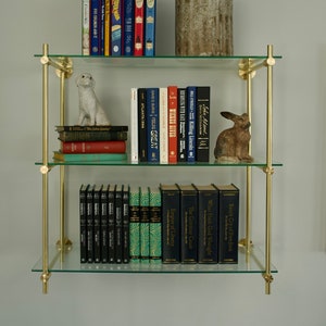 Solid Brass Three-Tier Wall Shelf | Brushed Brass & Glass Bookshelf | Custom Sizes Available by Cortavelle