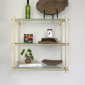 Solid Brass Wall Shelf | Three-Tier Brushed Brass & Glass Shelving | Custom Sizes Available by Cortavelle
