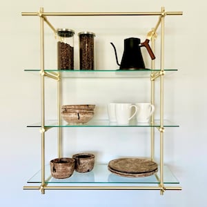Brushed Brass Wall Shelf | Solid Brass & Glass Kitchen Shelving | Custom Sizes Available by Cortavelle