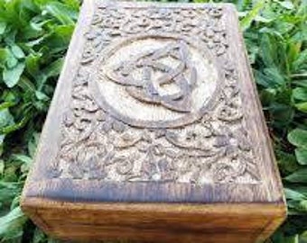 Triquetra Wood Carved Altar Box Stash Box Crystals Divination Box Triqueta