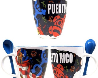 ONE Puerto Rico Mug with Spoon : Jeroglificos Flag (  Puerto Rican Coffee Cup ) PR Souvenir Boricua