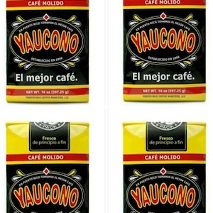 May include: Four yellow and black coffee bags with the text "Yaucono" in a black box. The text "Fresco de principio a fin" is above the text "Cafe Molido". The text "El mejor cafe." is below the text "Yaucono". The text "Net Wt. 14 oz (397.25 g)" is below the text "El mejor cafe."